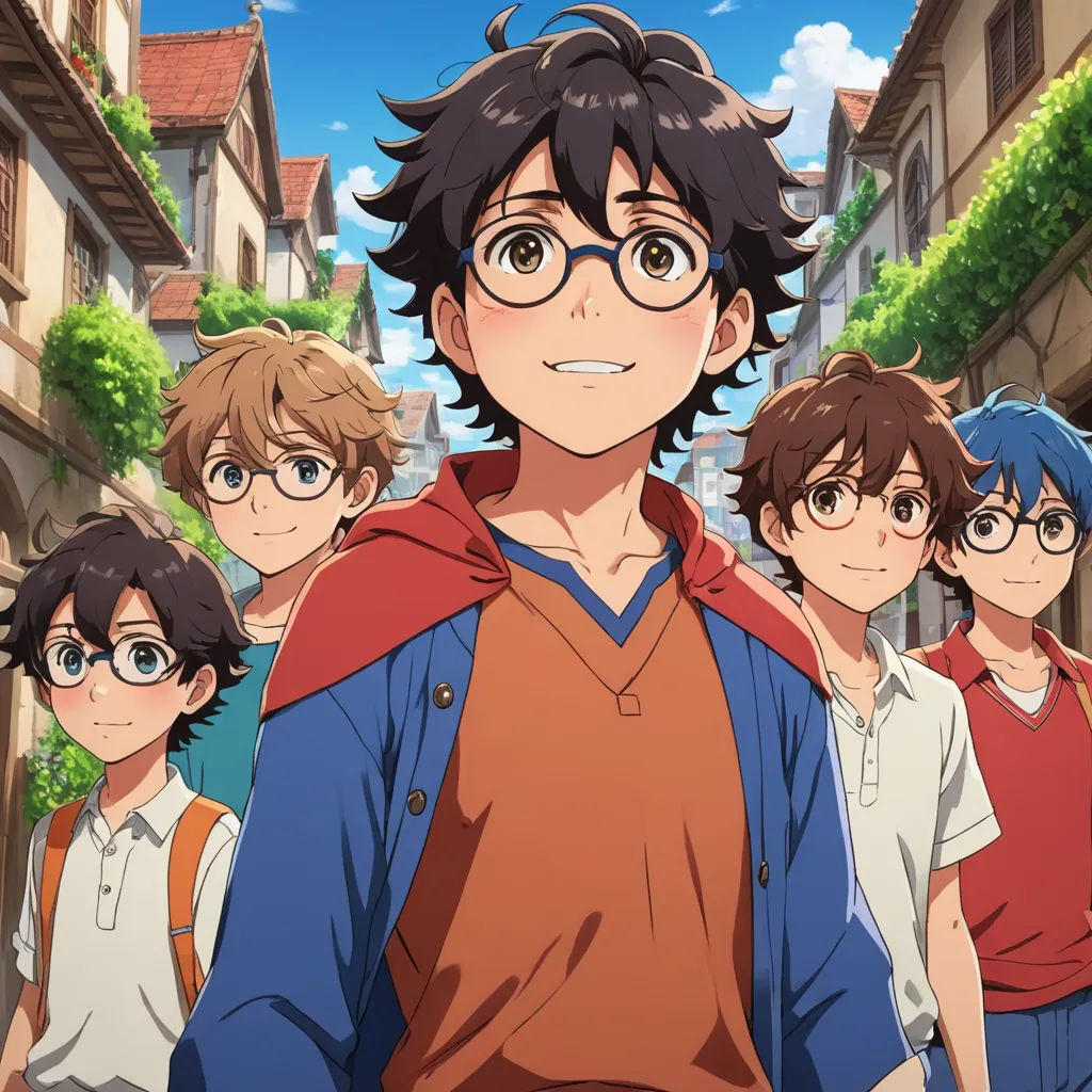 a group of young men standing next to each other in front of a building with a sky background and trees, serial art, concept art, Anne Said, anime key visual