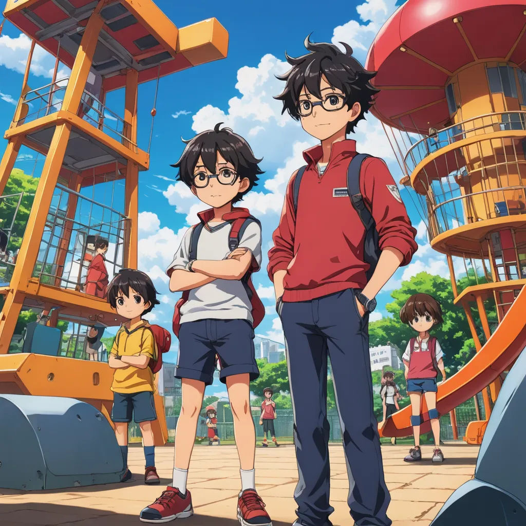 a group of people standing next to each other in front of a playground with a playground structure in the background, rayonism, poster art, Baiōken Eishun, official art