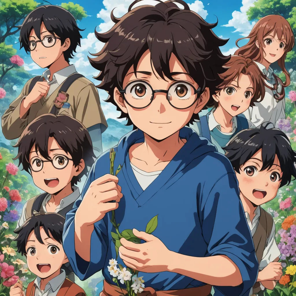 a group of people standing in front of a tree and flowers with a boy holding a flower in his hand, sots art, poster art, Anne Said, official art
