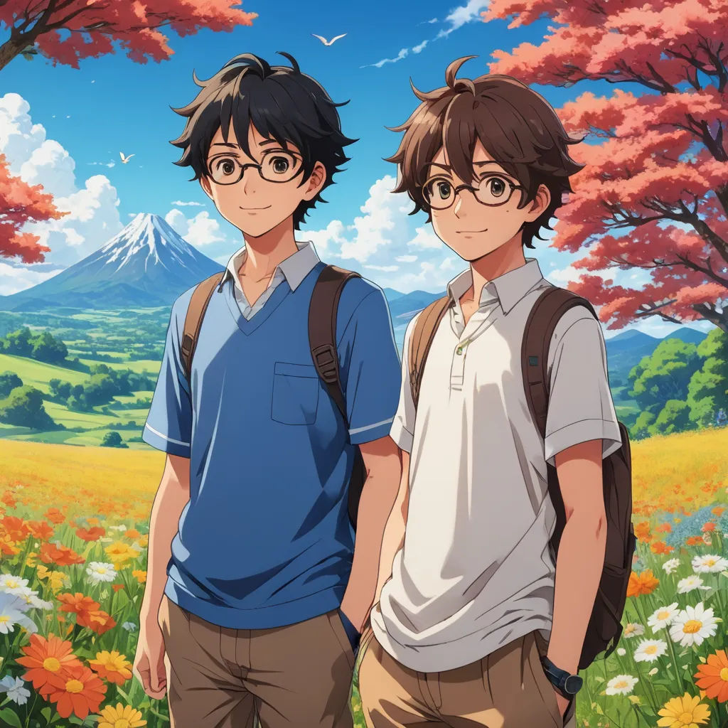 two young men standing in a field of flowers with a mountain in the background in the foreground, with a blue sky and white cloud, color field, concept art, Ai-Mitsu, official art