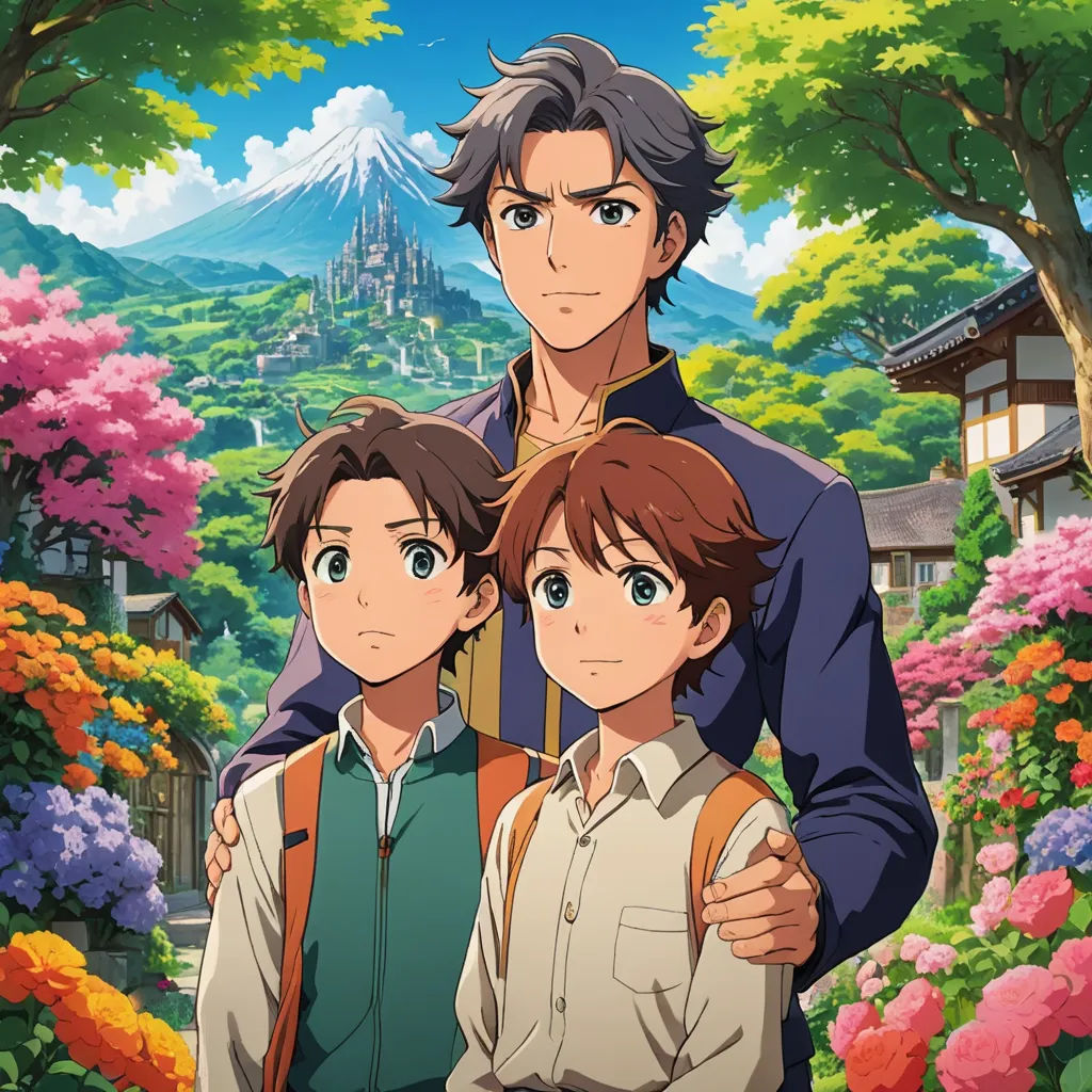 a man and two children standing in front of a mountain with flowers and trees in the background, with a castle in the background, sots art, a poster, Adam Manyoki, official art