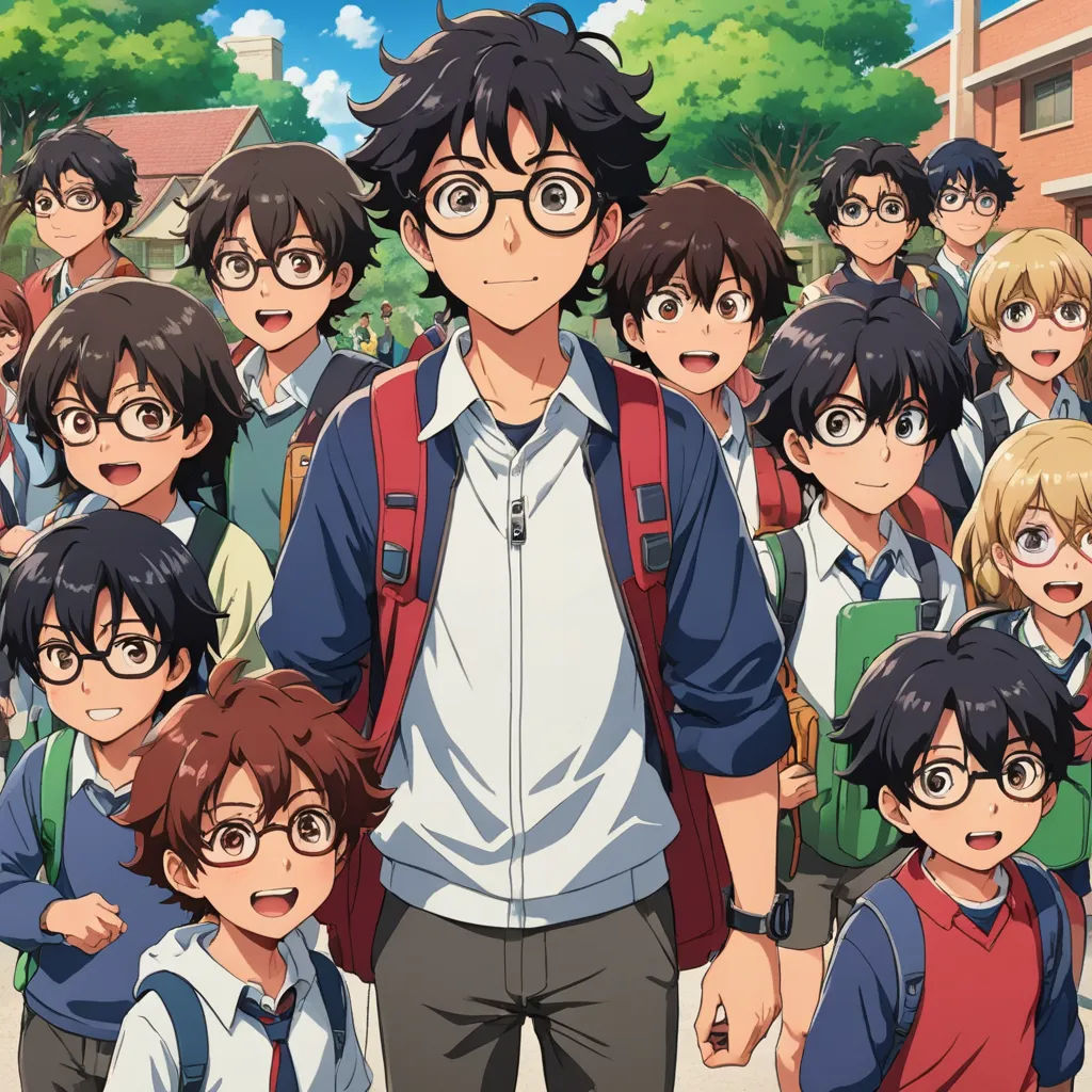 a group of young people standing next to each other in front of a building with trees and buildings in the background, rayonism, a mosaic, Baiōken Eishun, official art