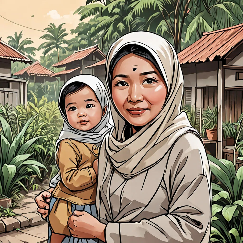 a woman holding a baby in her arms in front of a house with a garden and trees in the background, sumatraism, a storybook illustration, Farel Dalrymple, high detail illustration