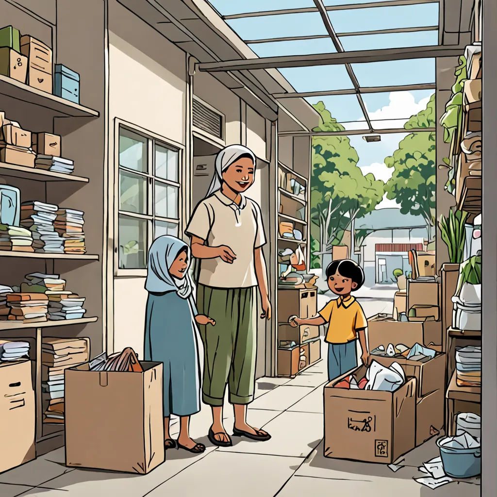 a man and two children are standing in a room with boxes and boxes on the floor and a man is standing in the doorway, sumatraism, a storybook illustration, Basuki Abdullah, graphic novel