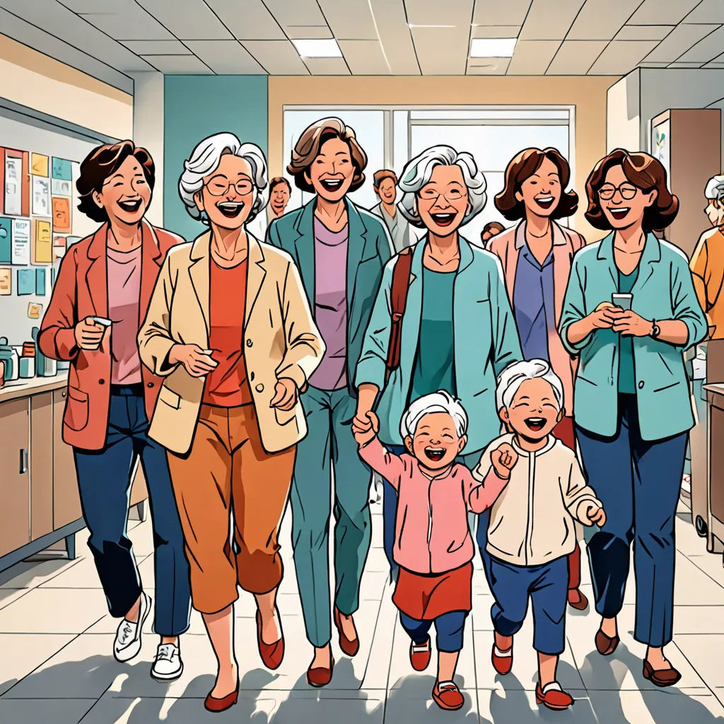 a group of people walking down a hallway next to each other in a hospital room with a woman holding a baby, lyco art, a comic book panel, Asaf Hanuka, yukito kishiro