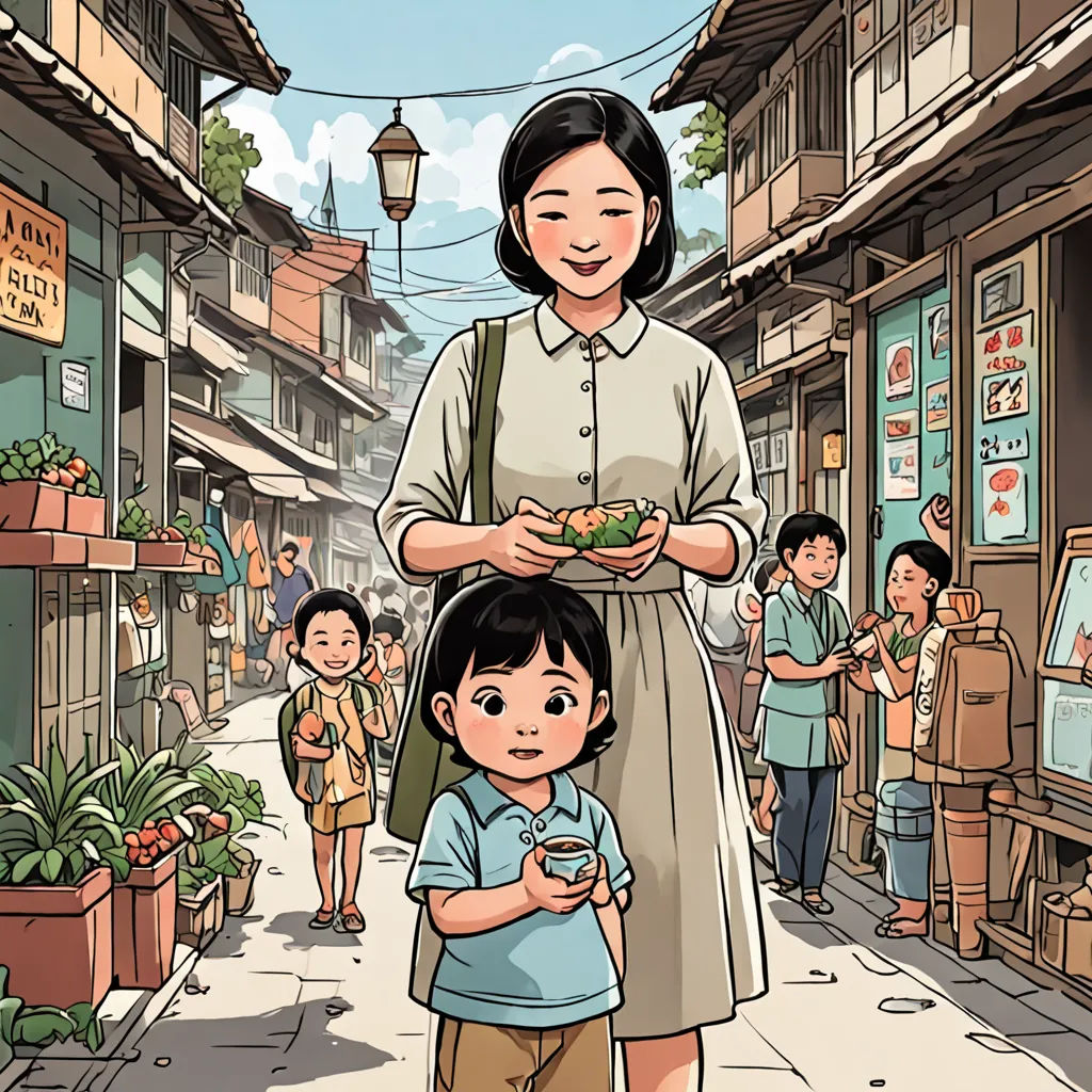 a woman holding a child in a street with people walking by and shops on the side of the street, art & language, a storybook illustration, Byeon Sang-byeok, yukito kishiro