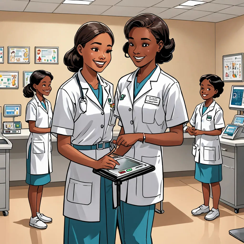 a cartoon of a nurse and a nurse in a hospital room with two children standing around her and a clipboard in front of her, lyco art, a comic book panel, Chinwe Chukwuogo-Roy, comic cover art