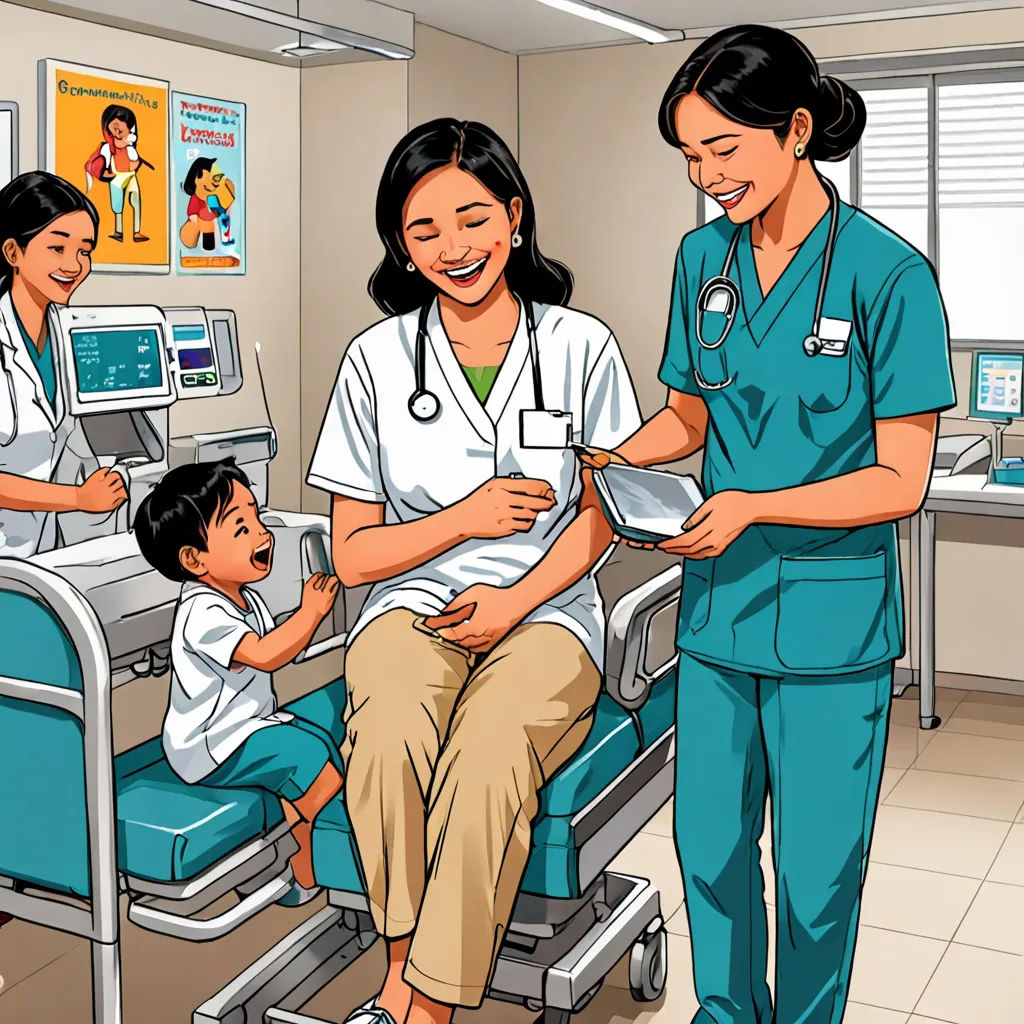 a nurse and two children in a hospital room with a nurse in the background and a child on the bed, lyco art, a storybook illustration, Ella Guru, storybook illustration