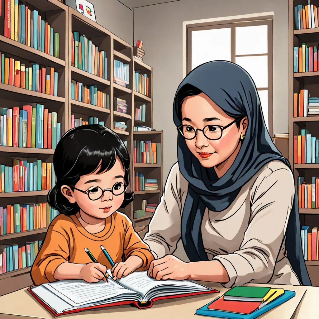 a woman and a child are sitting at a table in a library and one is writing a book and the other is reading a book, art & language, a storybook illustration, Art & Language, storybook illustration