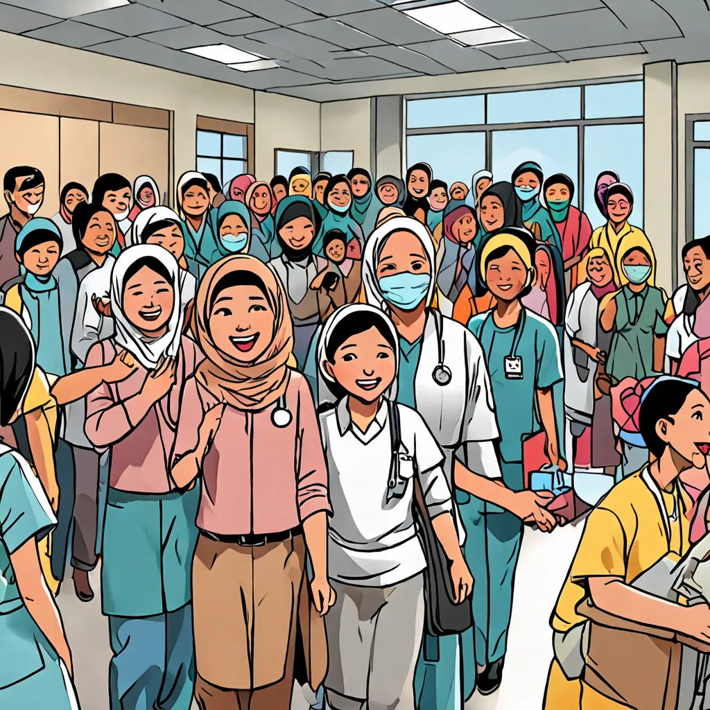 a group of people standing around each other in a room with a lot of windows and a person wearing a face mask, socialist realism, a comic book panel, Basuki Abdullah, graphic novel
