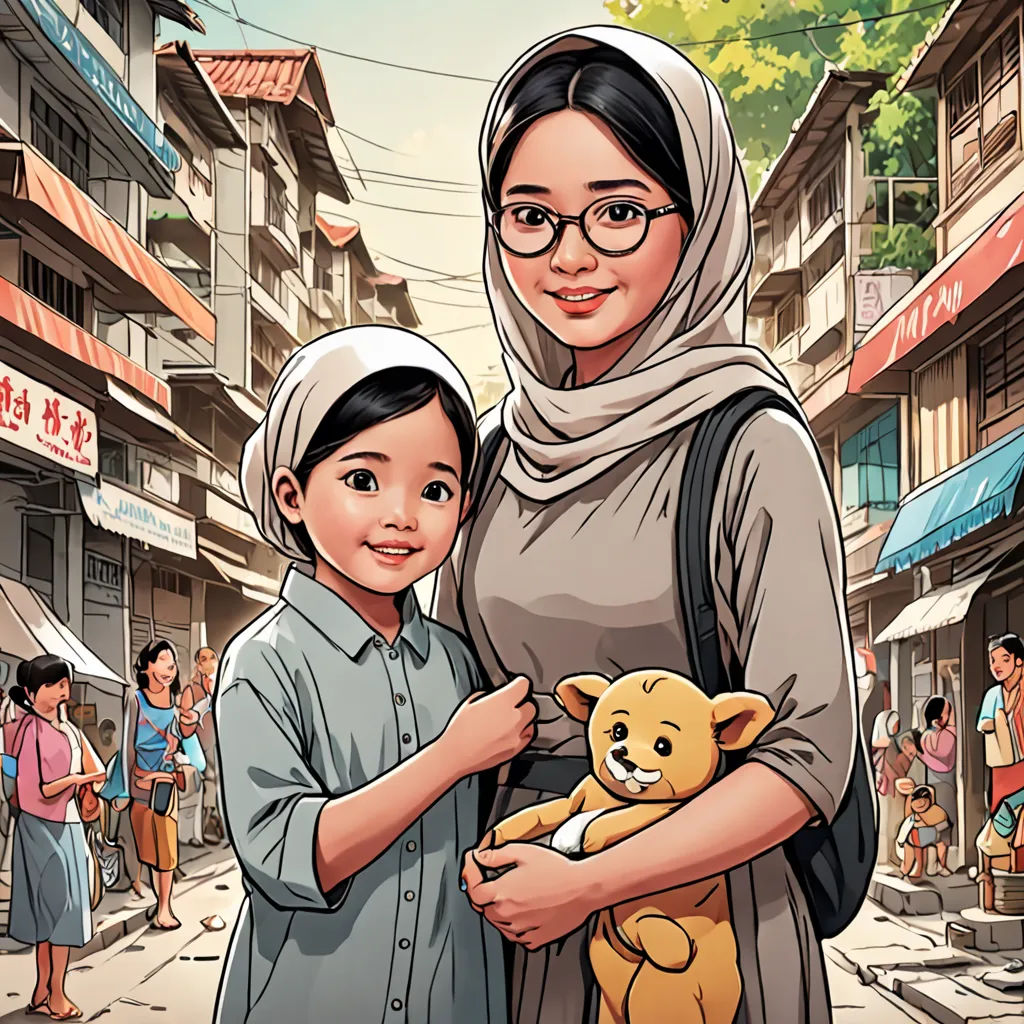 a woman and a child standing in a street with a teddy bear in their hands and a crowd of people in the background, sumatraism, a storybook illustration, Basuki Abdullah, comic cover art
