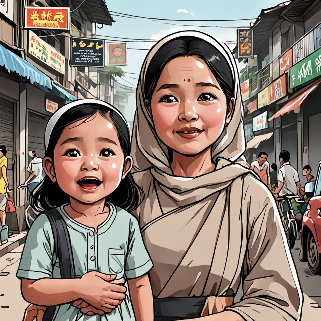 a woman and a child standing in front of a store front with a crowd of people in the background, serial art, a storybook illustration, Asaf Hanuka, graphic novel