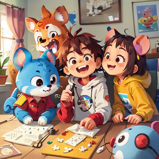 a group of children sitting around a table with stuffed animals on it's sides and a cat on the table