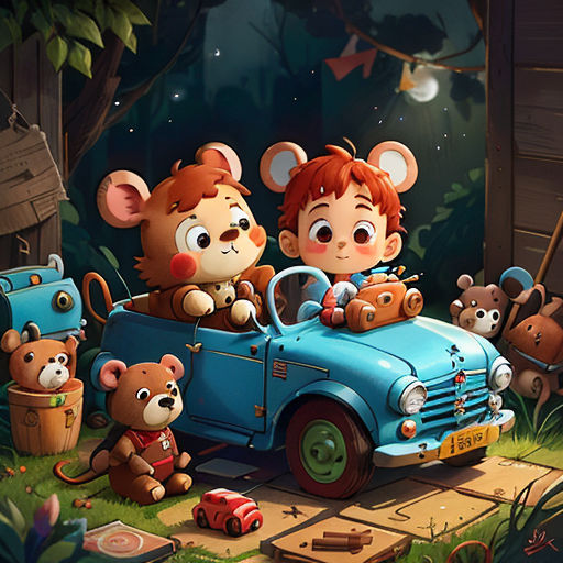 a group of teddy bears riding in a blue car with a boy in the back of it and a girl in the front