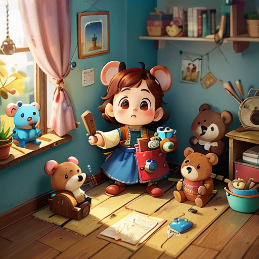 a girl is surrounded by stuffed animals in a room with a window and a shelf with books and toys