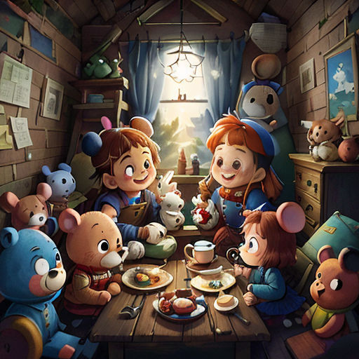 a group of children sitting around a table with teddy bears around them eating food and drinking tea and talking