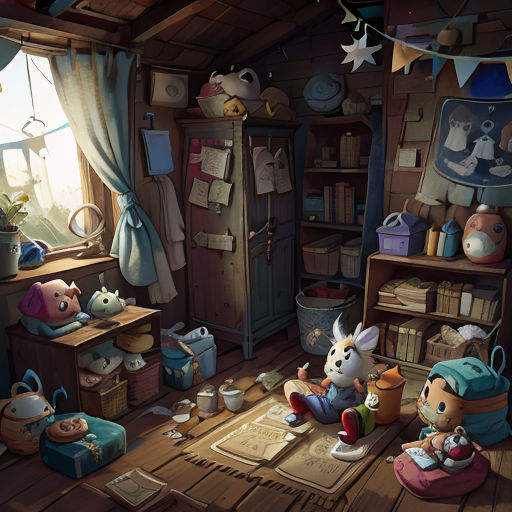 a room with a bunch of toys and a cat on the floor in it and a window with curtains