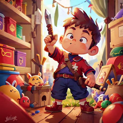 a boy holding a knife in a room full of toys and toys on the floor, with a stuffed animal