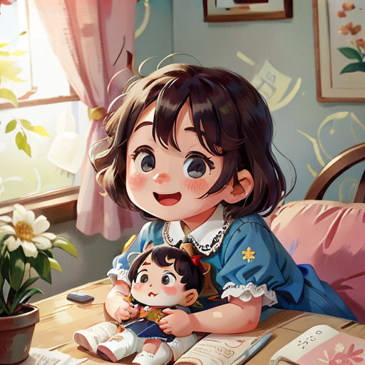 a little girl holding a doll sitting on a table next to a window with a flower pot on it