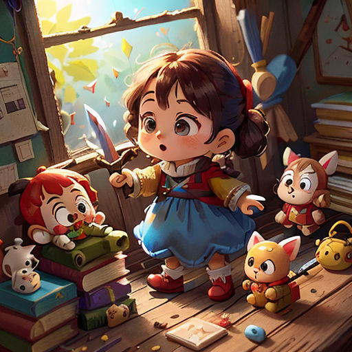 a girl standing in front of a window surrounded by stuffed animals and books on a table with a window behind her