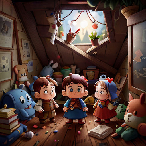 a group of cartoon characters standing in a room with a window and a book shelf on the floor and a book on the floor