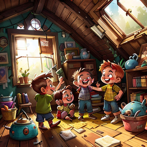 a group of children standing in a room with a book shelf and a window in the background and a book shelf with books