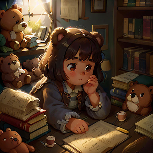 a girl sitting at a desk with a lot of books and teddy bears around her and a lamp on the wall