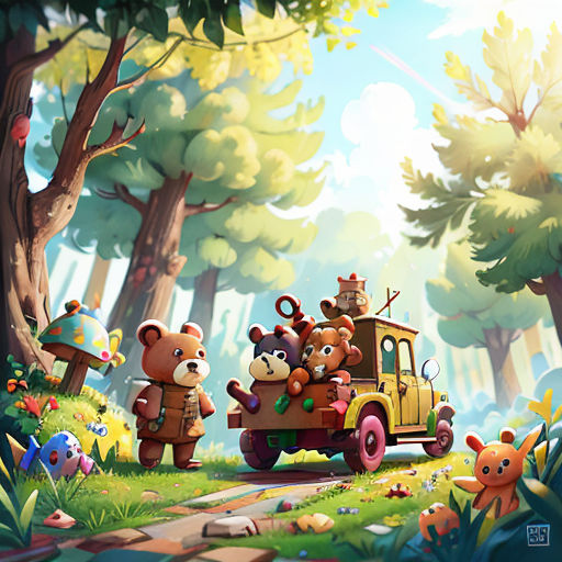 a painting of a group of teddy bears riding in a truck in the woods with a bear on the back