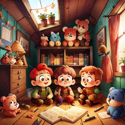 a group of children sitting on the floor in a room with teddy bears and books on the floor and a teddy bear on the floor