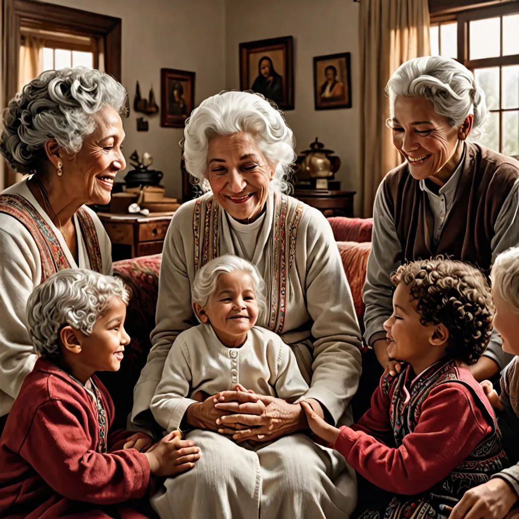 a group of older women and children sitting on a couch together, smiling at the camera, with a baby in the middle, photorealism, a renaissance painting, Annie Leibovitz, promotional image