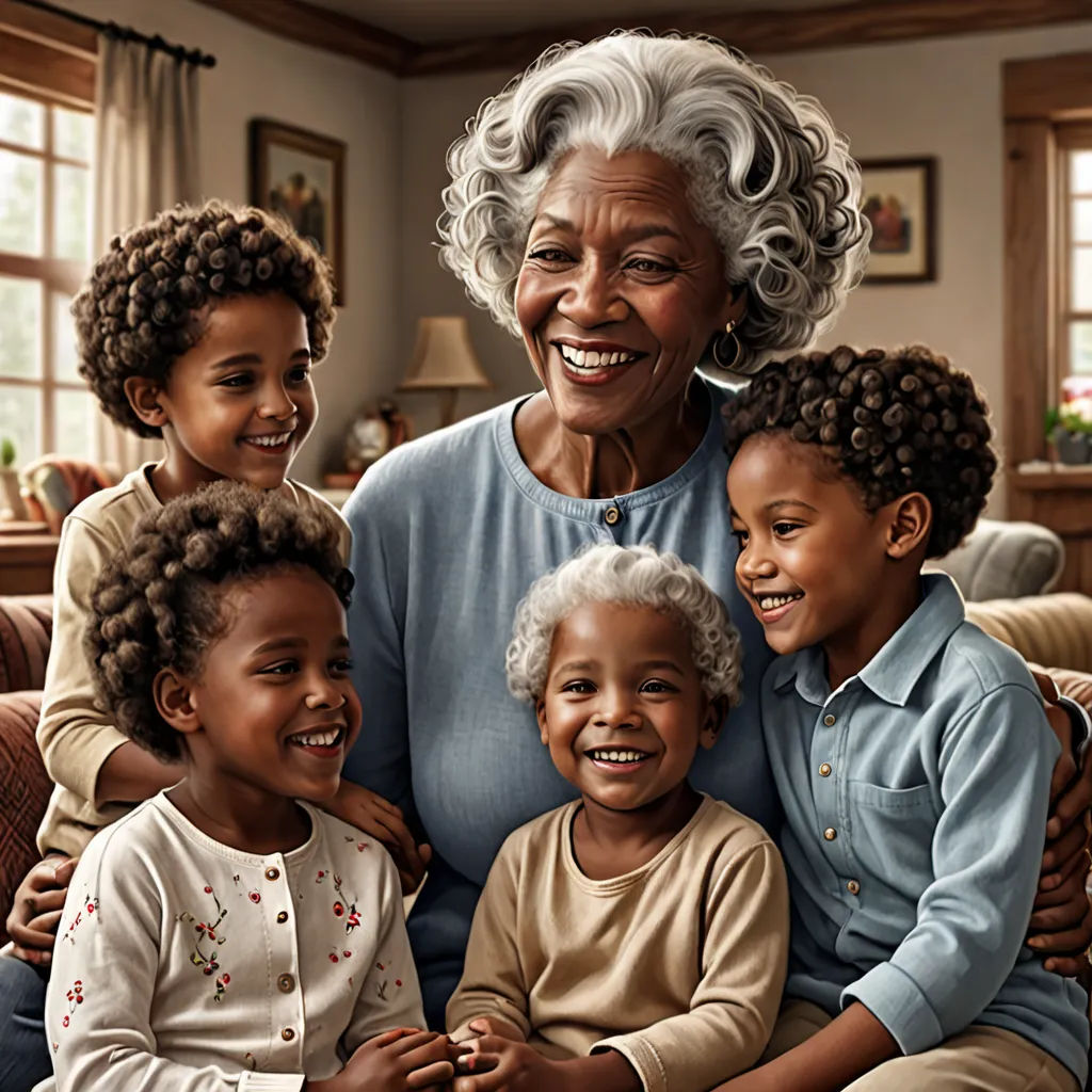 a painting of a family sitting together on a couch in a living room with a window behind them and a woman smiling, photorealism, a digital rendering, Doris Blair, highly detailed digital art