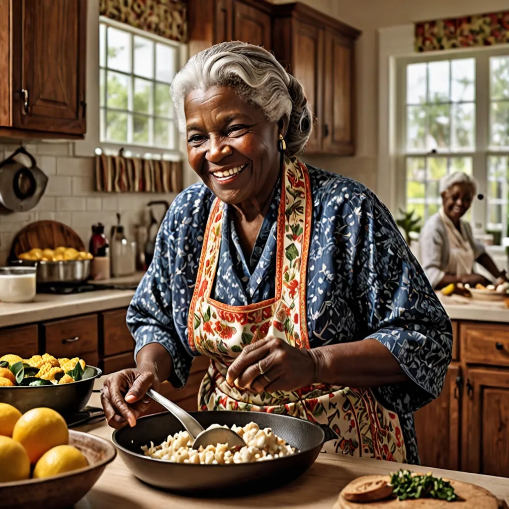 a woman in a kitchen preparing food on a table with a bowl of fruit and a bowl of vegetables, american impressionism, a stock photo, Dulah Marie Evans, professional food photography