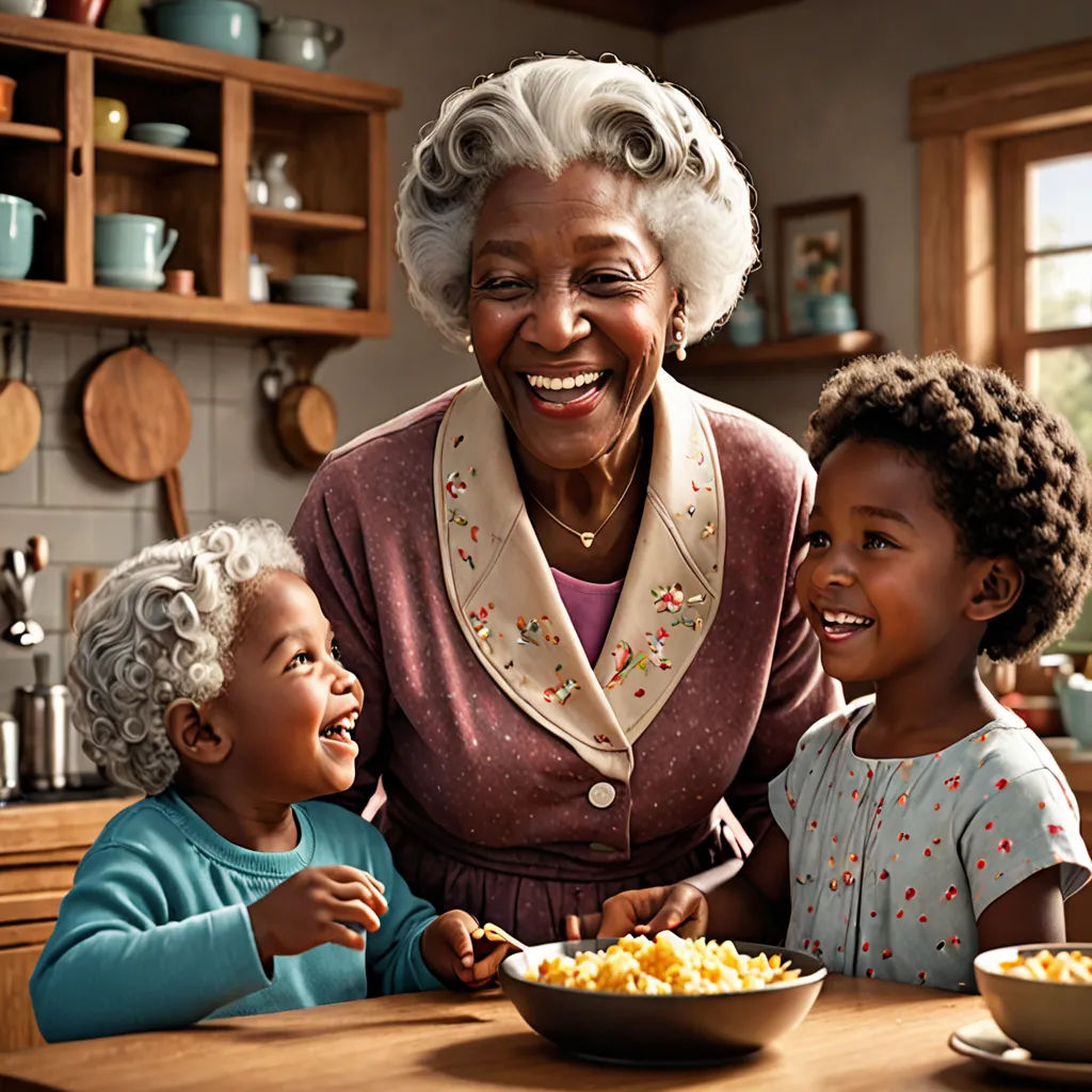 a woman and two children are eating food together in the kitchen together, smiling at each other, and laughing, photorealism, a stock photo, Betye Saar, promotional image