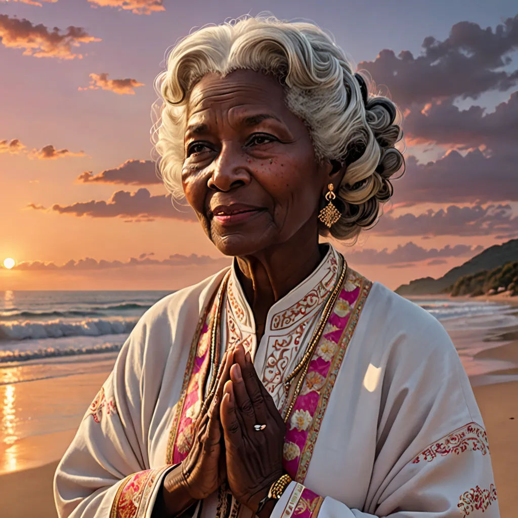 a woman standing on a beach with her hands folded in prayer at sunset with the sun setting behind her, photorealism, a character portrait, Ella Guru, promotional image