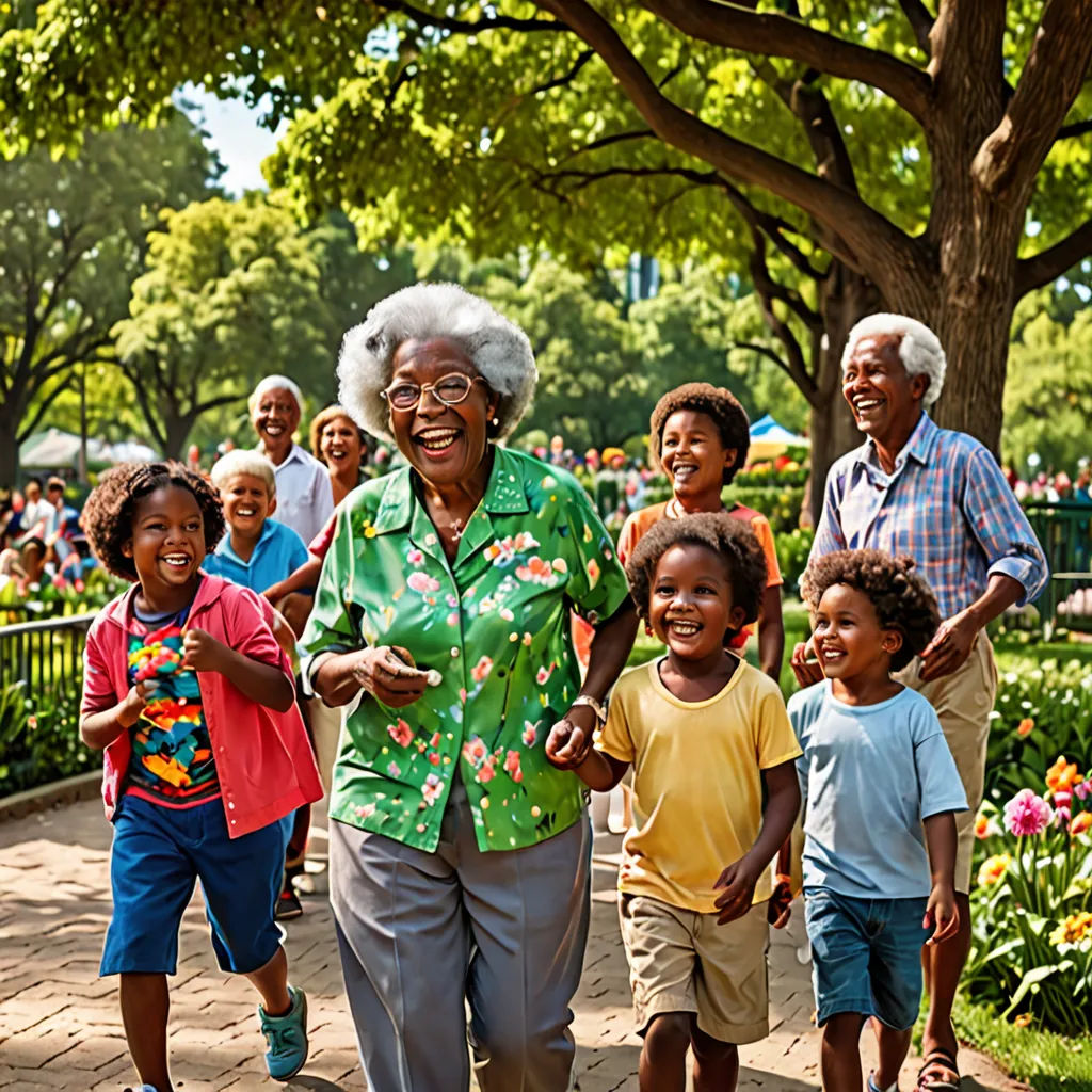 a group of people walking down a sidewalk next to a park filled with flowers and trees and people standing around, harlem renaissance, a stock photo, Cherryl Fountain, promotional image
