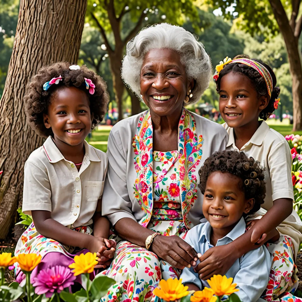 a woman and two children sitting on a bench in a park with flowers around them and trees in the background, naive art, a stock photo, Constance Copeman, portrait photography