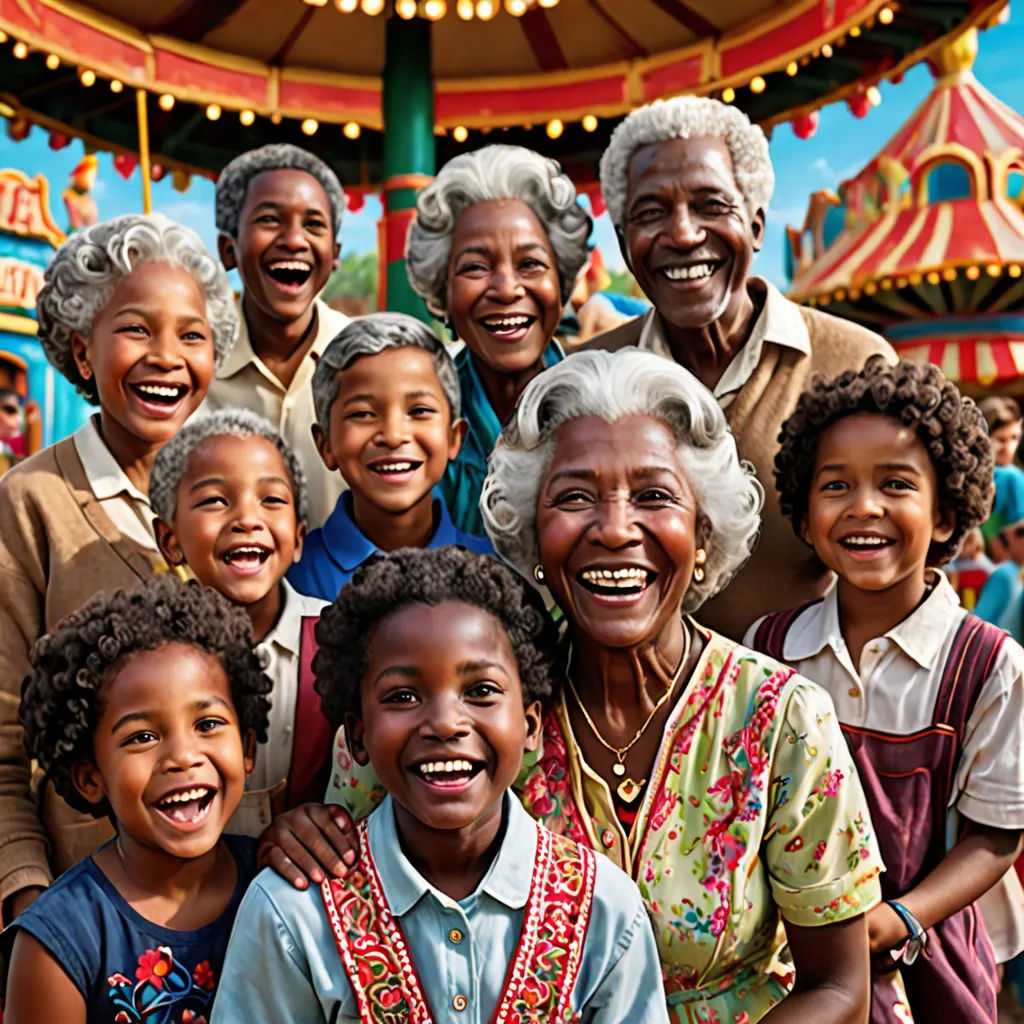 a group of people standing next to each other in front of a carousel ride at a carnival park with a carousel in the background, harlem renaissance, a stock photo, disney, promotional image