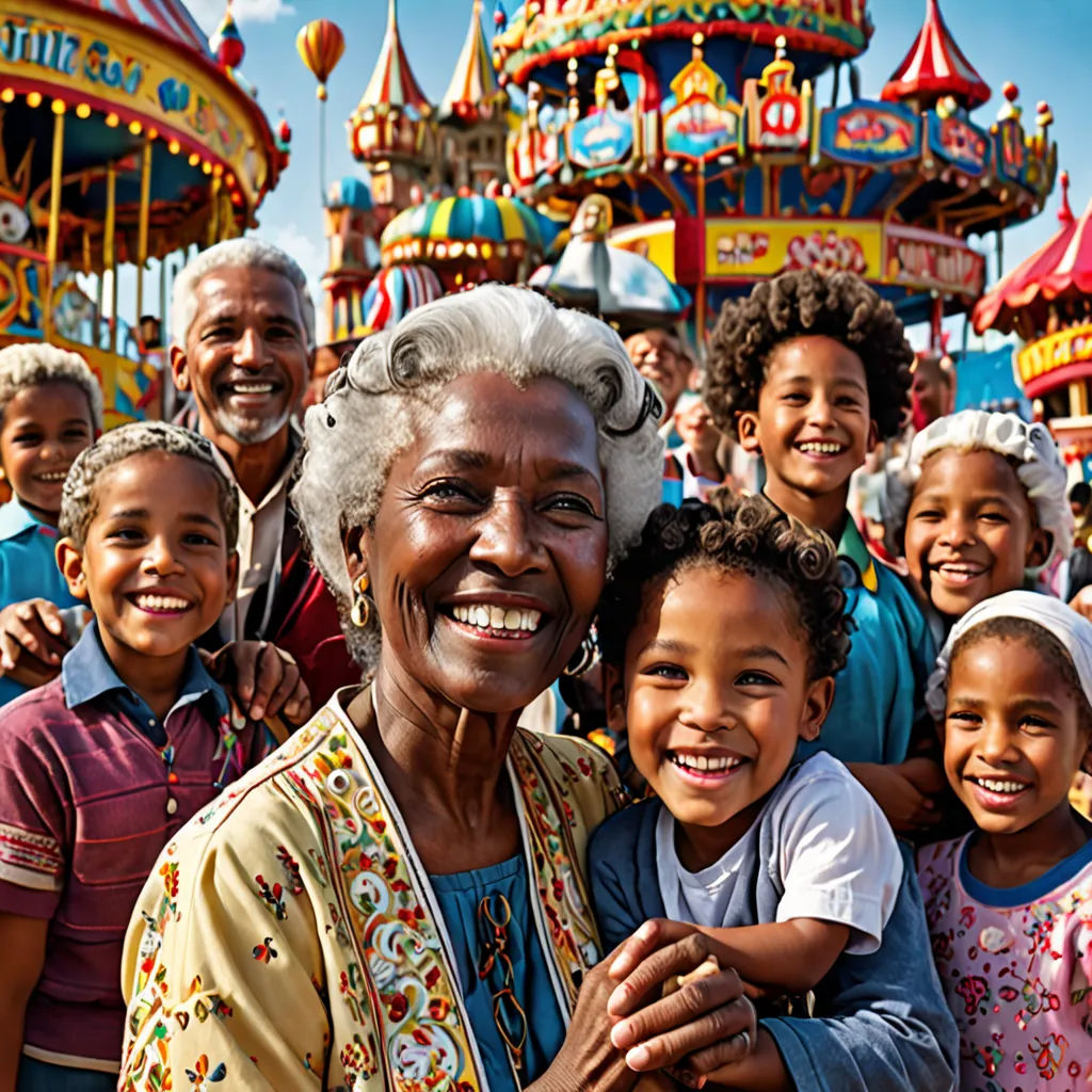a group of people standing next to each other in front of a carnival ride with a woman smiling at the camera, harlem renaissance, a stock photo, disney, promotional image