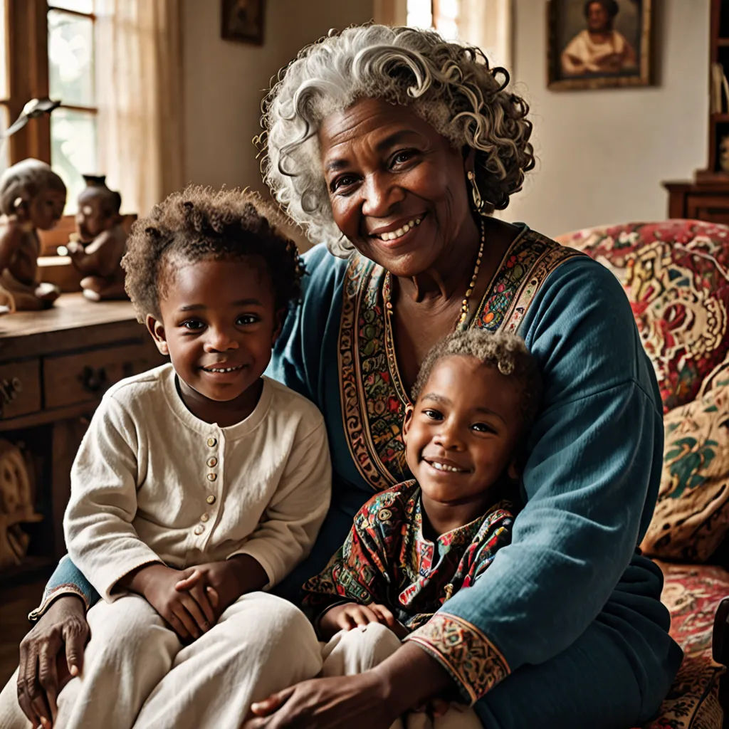 a woman and two children sitting on a couch in a room with a table and a window in the background, photorealism, a storybook illustration, Betye Saar, portrait photography