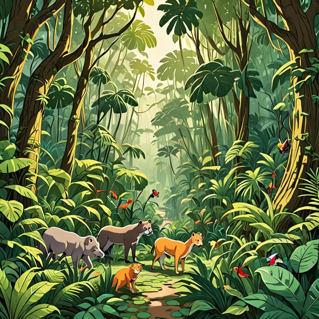 a painting of a forest with animals and birds in it's natural habitat, with a path through the trees, Chris LaBrooy, primitivism, a storybook illustration, jungle