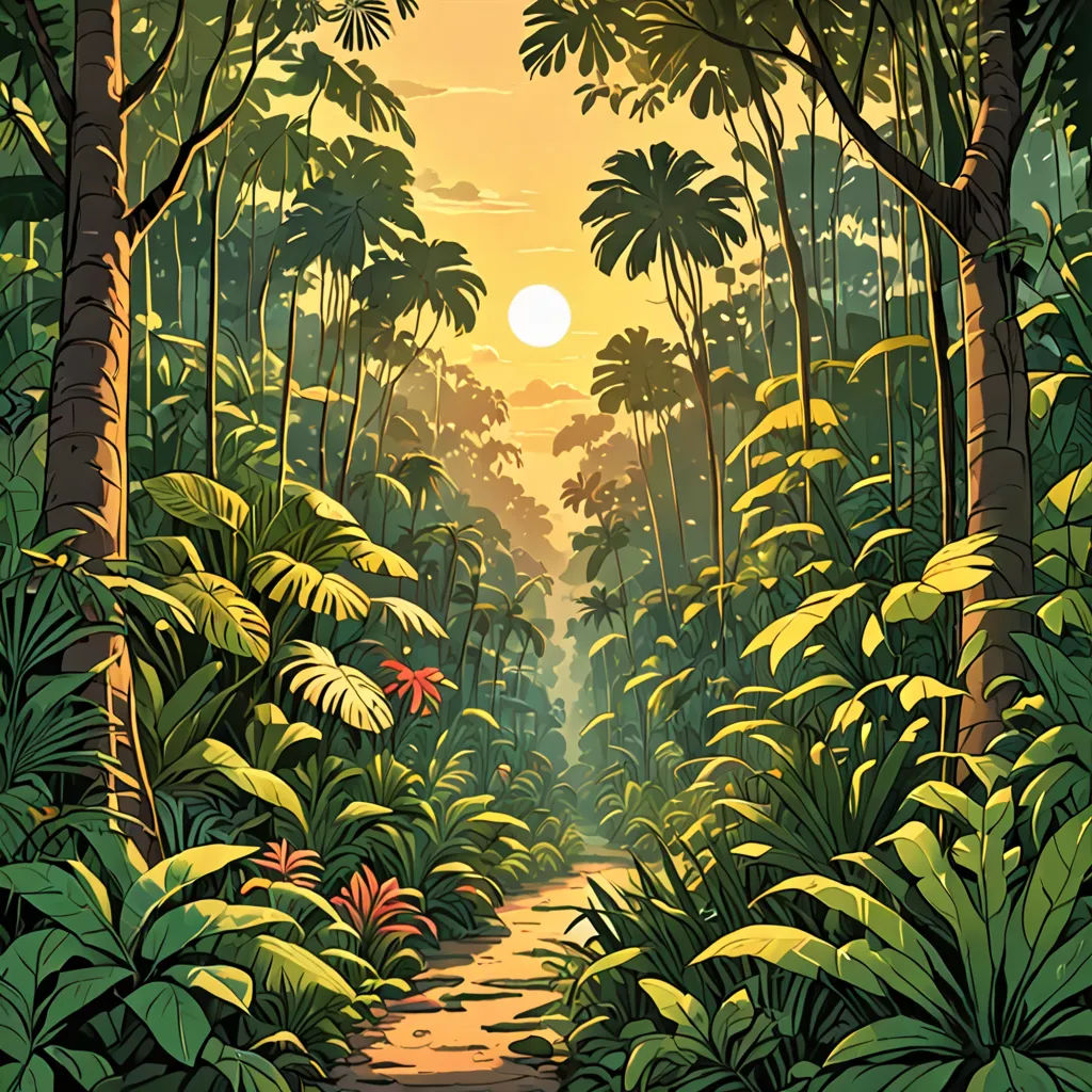a painting of a jungle with a path leading to the sun in the distance and trees and plants on the ground, Dan Mumford, primitivism, a comic book panel, jungle