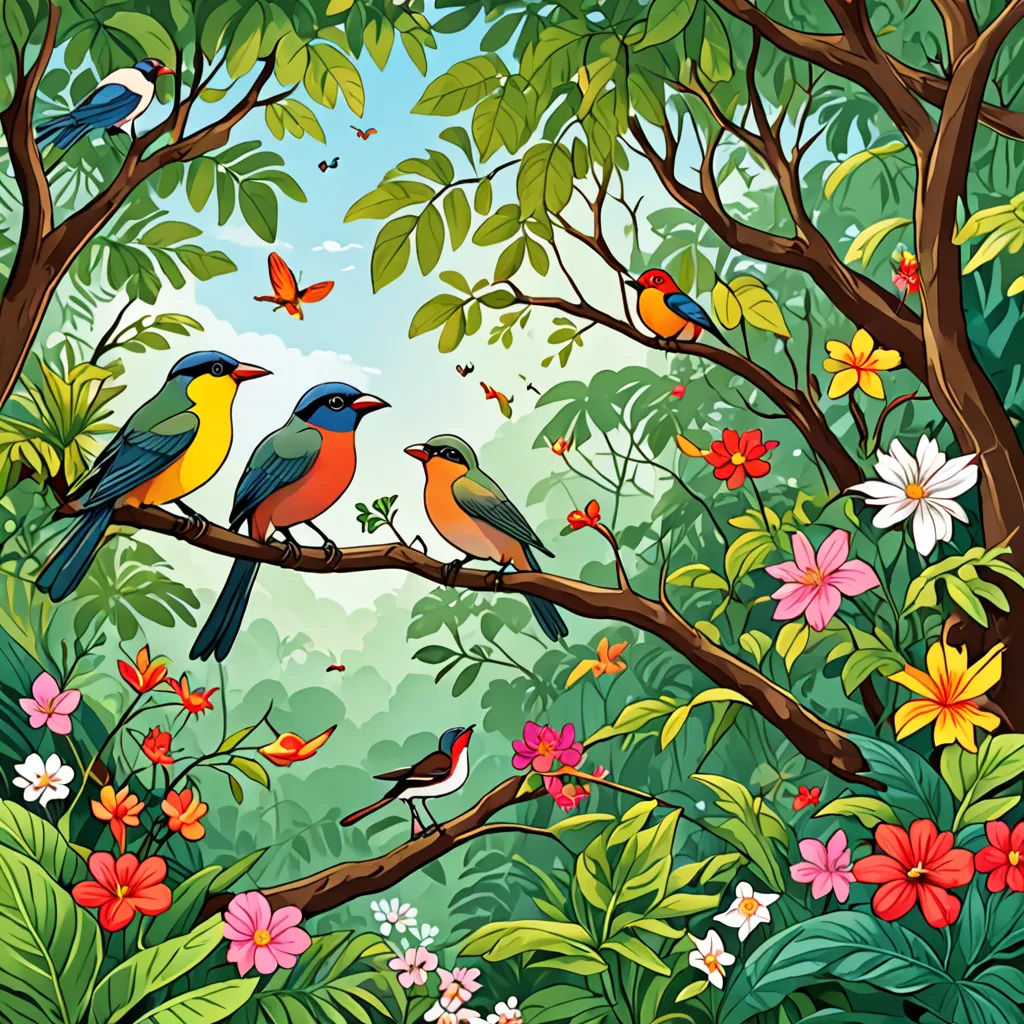 a painting of birds sitting on a tree branch in a forest with flowers and butterflies around it, with a blue sky in the background, Chris LaBrooy, naive art, a storybook illustration, highly detailed digital painting