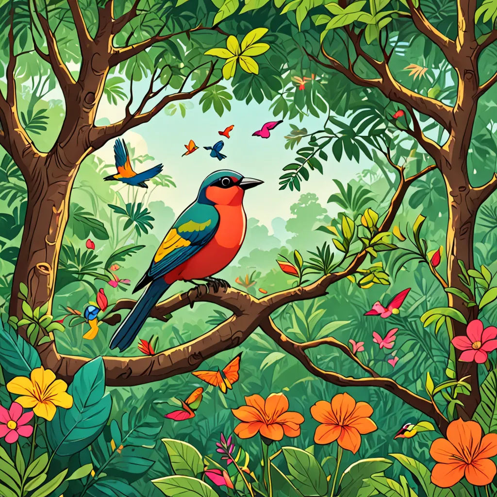 a bird sitting on a branch in a forest with butterflies and flowers around it, and a butterfly flying above, Chris LaBrooy, naive art, a storybook illustration, highly detailed digital painting