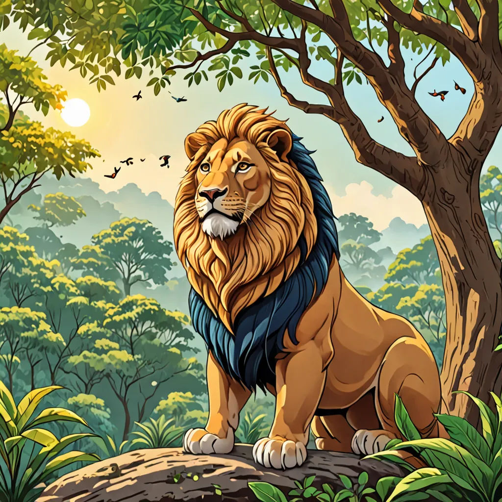 a lion sitting on a rock in the jungle with a tree and birds flying around it in the background, Chris LaBrooy, fantasy art, a storybook illustration, highly detailed digital painting