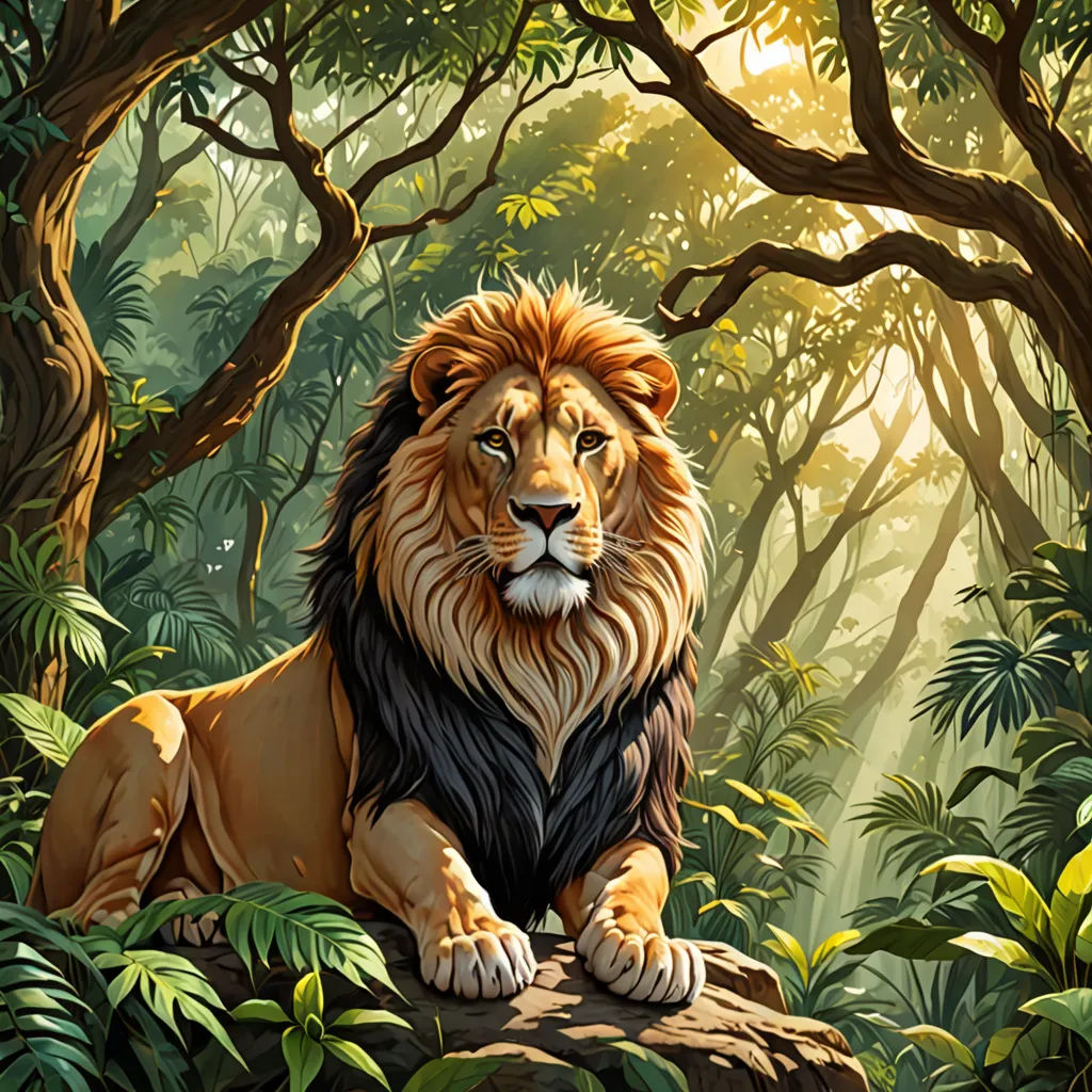 a lion sitting on a rock in a jungle with trees and bushes around it, with sunlight shining through the trees, Chris LaBrooy, fantasy art, a digital painting, highly detailed digital painting