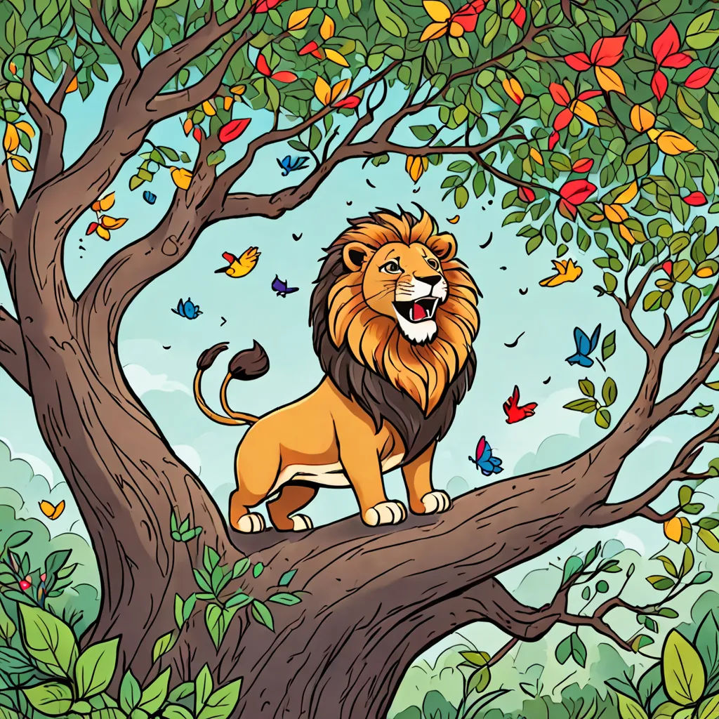 a lion sitting on a tree branch with butterflies around it and a blue sky behind it, with a butterfly in the background, Chris LaBrooy, fantasy art, a storybook illustration, storybook illustration