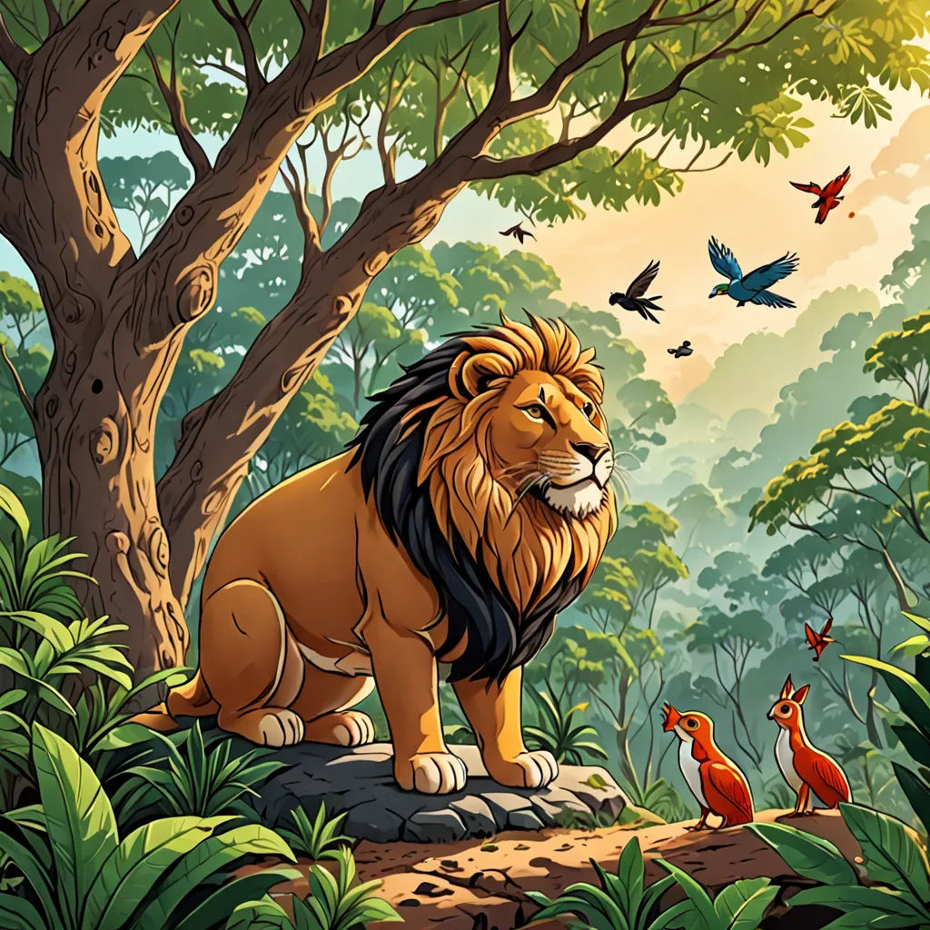 a lion and a fox are in the jungle with birds flying around them and a tree in the background, Chris LaBrooy, fantasy art, a storybook illustration, jungle