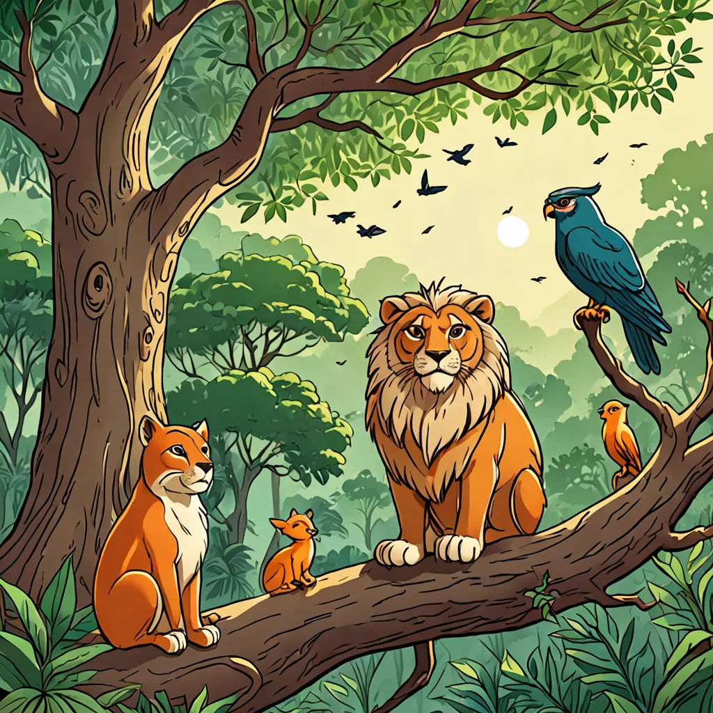 a painting of a lion and cubs in a forest with a bird on a tree branch and a bird on a branch, Chris LaBrooy, fantasy art, a storybook illustration, storybook illustration