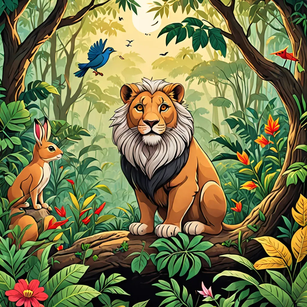 a lion and a rabbit sitting in the jungle with a bird flying above them and a bird on the tree, Chris LaBrooy, fantasy art, a storybook illustration, jungle