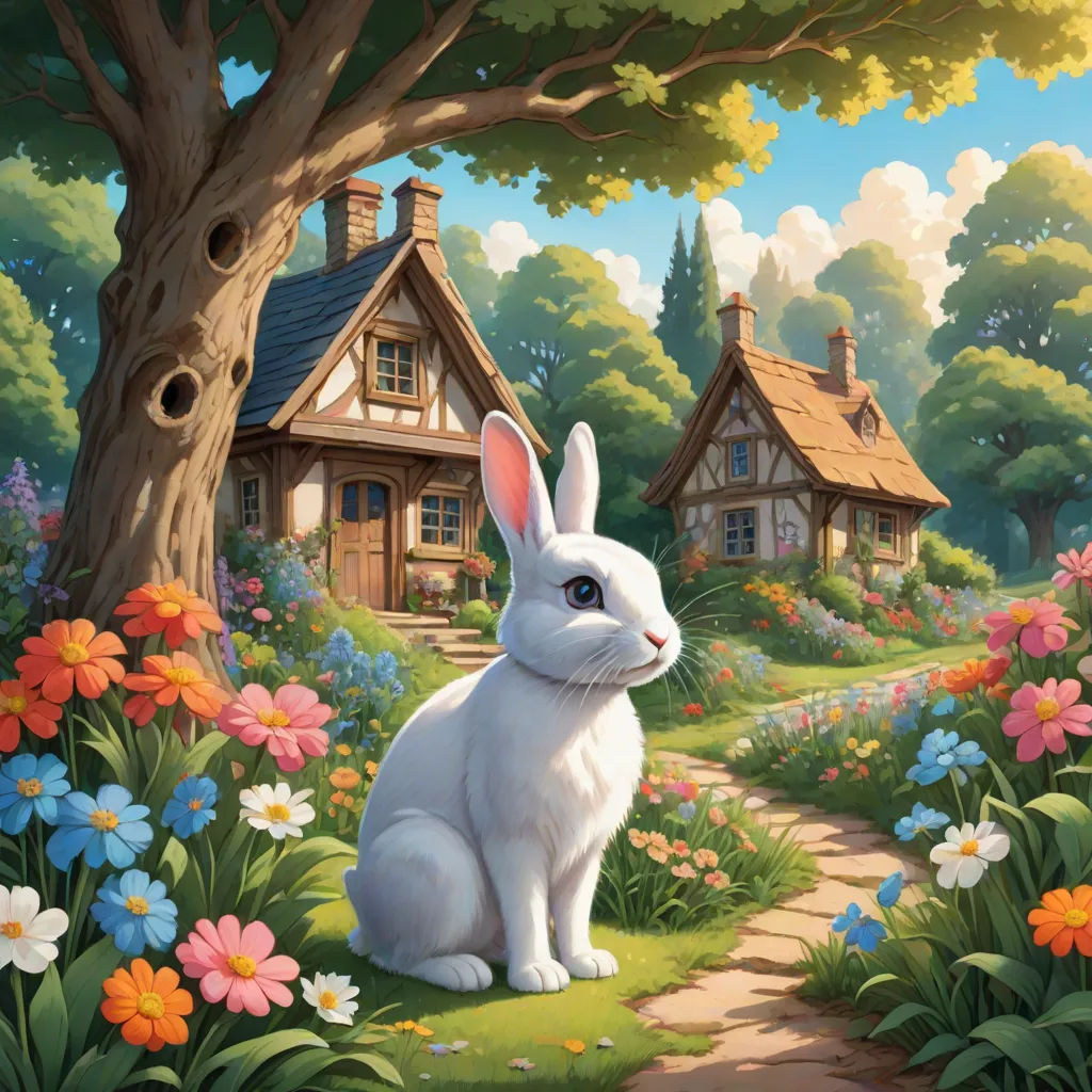 a white rabbit sitting in a garden next to a house and trees with flowers around it and a path leading to a house, fantasy art, a storybook illustration, Chris LaBrooy, kinkade